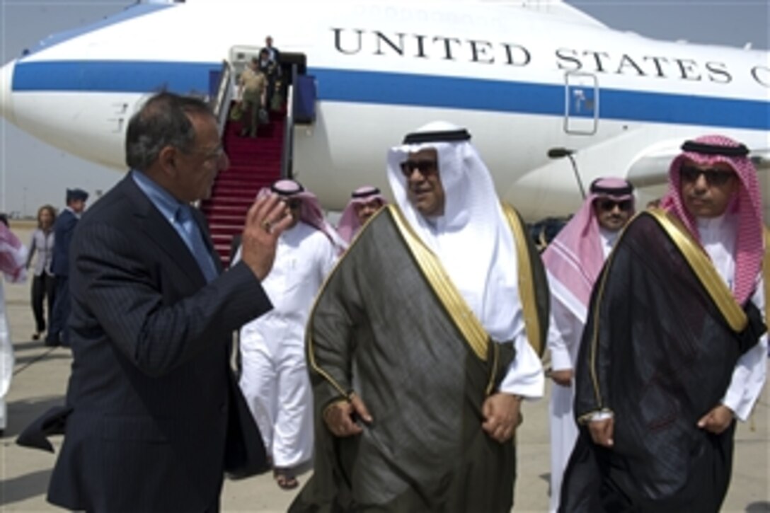 Secretary of Defense Leon E. Panetta is greeted by the Chief of Royal Protocol Khaled al A'Abed upon his arrival in Jeddah, Saudi Arabia, on June 20, 2012.  Panetta is in Saudi Arabia to pass on the condolences of the United States government at the passing of Crown Prince Nayef bin Abdulaziz Al Saud.  