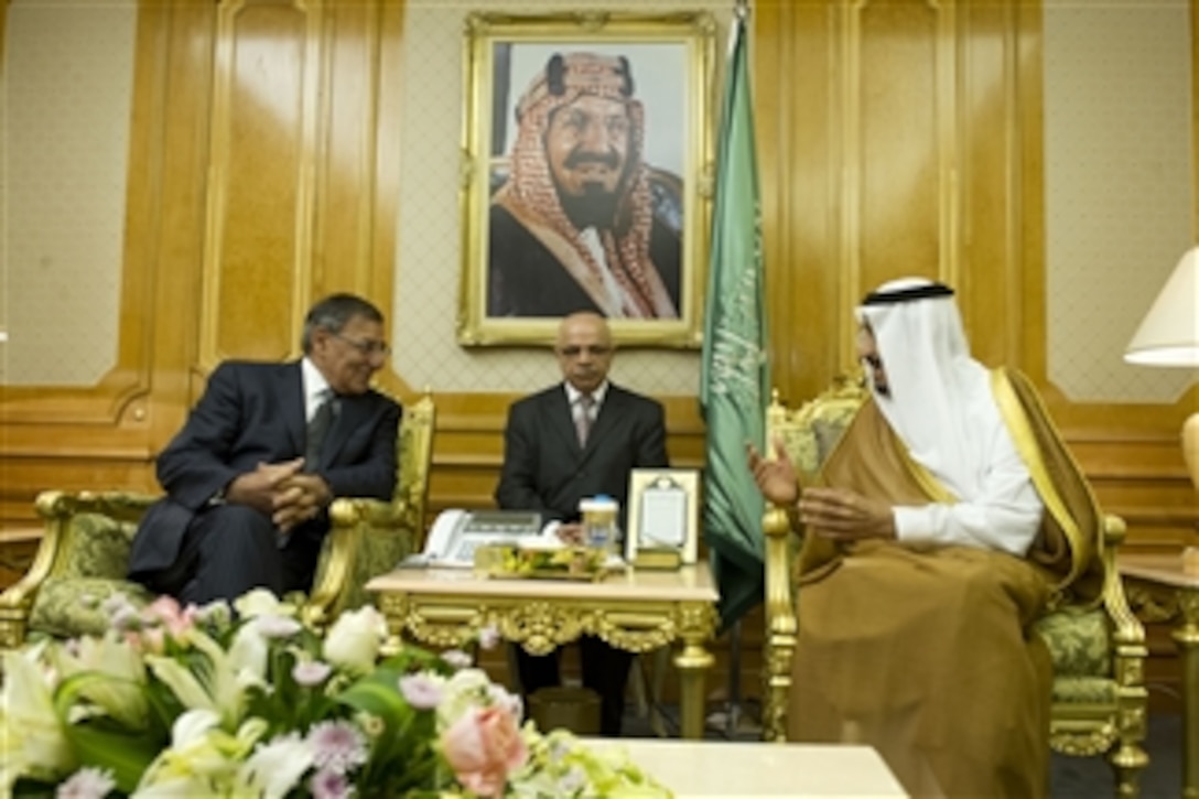 Secretary of Defense Leon E. Panetta meets with Saudi Arabian Crown Prince Salman bin Abdulaziz Al Saud to pass on the condolences of the United States government at the passing of Crown Prince Nayef bin Abdulaziz Al Saud in Jeddah, Saudi Arabia, June 20, 2012. 
