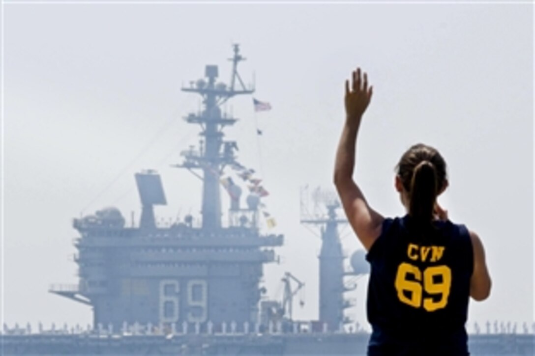 The aircraft carrier USS Dwight D. Eisenhower passes Fort Monroe National Monument as the ship departs Naval Station Norfolk, Va., June 20, 2012. The Eisenhower is deploying as part of the Eisenhower Carrier Strike Group to support maritime security operations and theater security cooperation efforts in the U.S. Navy's 5th and 6th fleet areas of responsibility. 