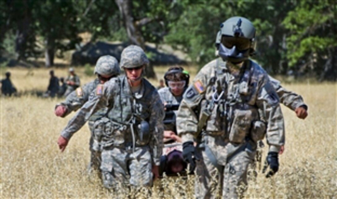 Army medical personnel carry a simulated patient to a UH-60 Black Hawk helicopter during evacuation training as part of Exercise Global Medic 2012 on Fort Hunter Liggett, Calif., June 19, 2012. The exercise focuses on theater aeromedical evacuation systems and ground medical components that replicate all aspects of combat medical service support. 