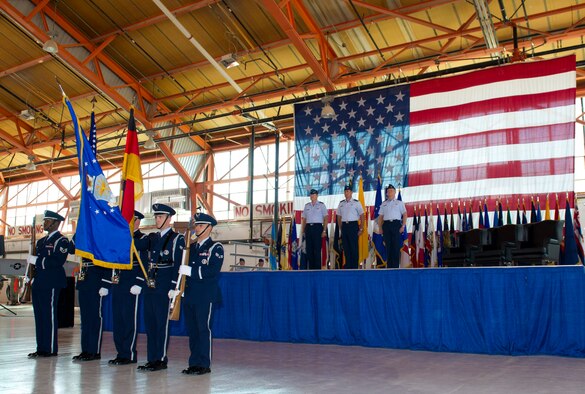 Lieutenant Gen. Robin Rand, 12th Air Force commander, stands alongside Col. David Krumm, outgoing 49th Wing commander, and Col. Andrew Croft, incoming 49th WG commander, during the 49th WG change of command ceremony at Holloman Air Force Base, N.M., June 22. Rand attended the ceremony to officiate the transfer of command of the 49th WG to Croft. The change of command is a time-honored tradition that allows Airmen to witness the formal transfer of authority one commander to another. (U.S. Air Force Photo by Airman 1st Class Michael Shoemaker/Released)