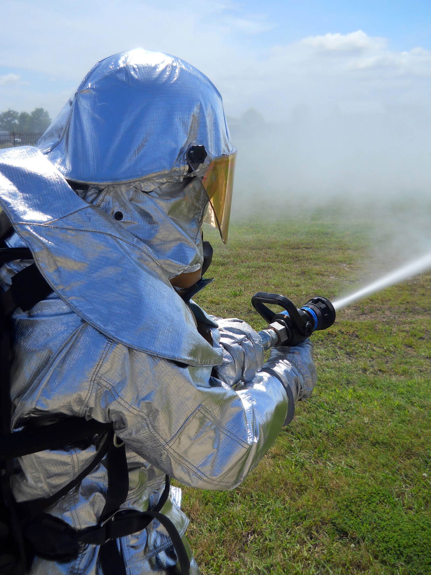 Airman Anthony Runco, 419th Fighter Wing firefighter, gets hands-on training of a high-pressure firefighting system. While on annual tour to Joint Base Langley-Eustis, Va. this month, Hill’s Reserve firefighters eased the base’s high ops tempo and gained valuable training on the Air Force’s new P-34 Rapid Intervention Vehicle, which will being operating soon at Hill Air Force Base. (Courtesy photo)