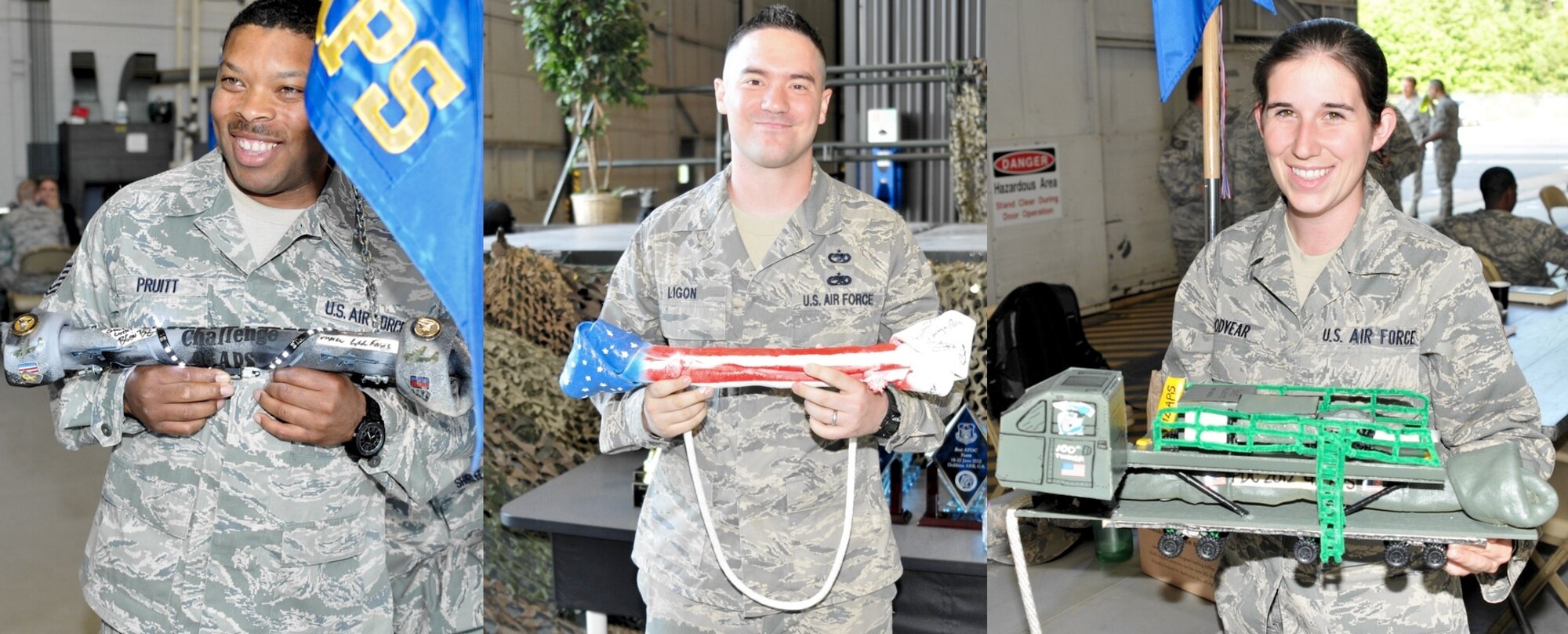 Members of the Air Force Reserve’s air mobility community show their creative side by decorating oversized rawhide bones as part of the biennial Port Dawg Challenge at Dobbins Air Reserve Base, Ga. (Photo composition)