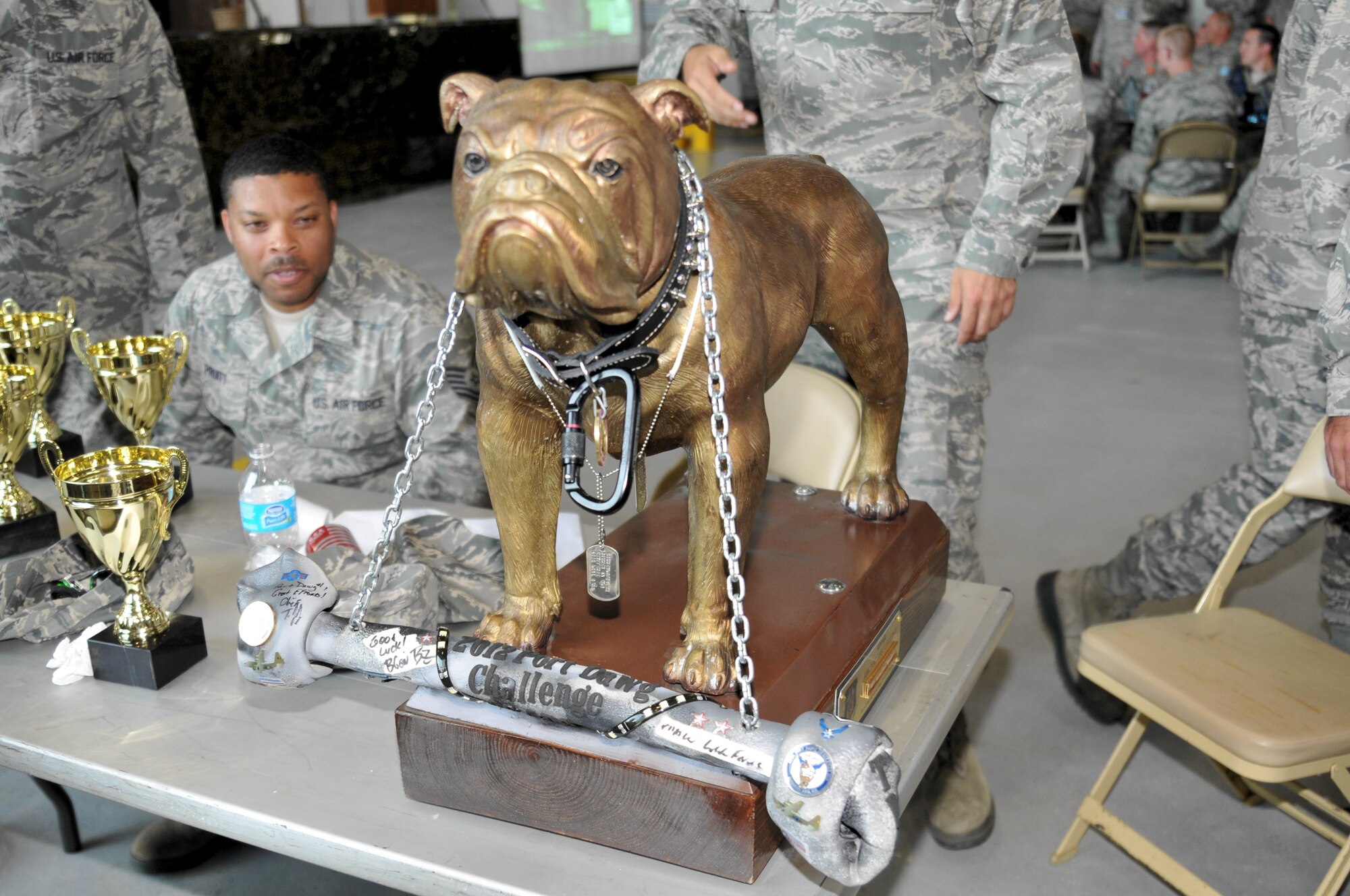 The Top Dawg trophy is claimed by the 96th Aerial Port Squadron, Little Rock Air Force Base, Ark., at the conclusion of the Air Force Reserve Command’s 2012 Port Dawg Challenge. The 96th six-person team bested 18 other teams from as far away as Hawaii. (U.S. Air Force photo/Master Sgt. Chris Durney)