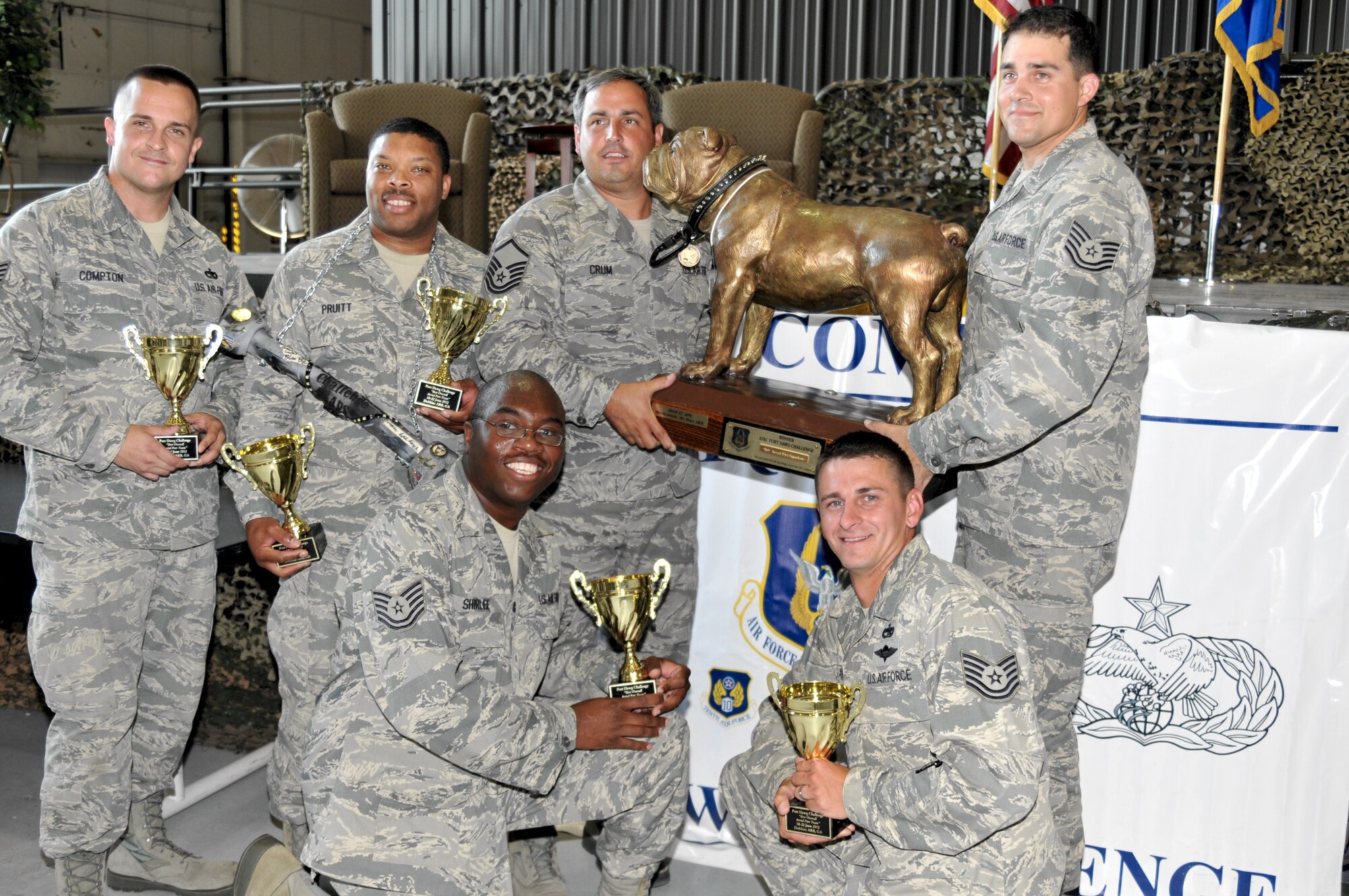 The Air Force Reserve Command’s 96th Aerial Port Squadron, Little Rock Air Force Base, Ark., took home top honors in the 2012 Port Dawg Challenge for air mobility professionals. From left: Tech. Sgt. Mark Compton, Tech. Sgt. Tobey Pruitt, Tech. Sgt. Torreon Shirley, Master Sgt. Clayton Crum, Tech. Sgt. Morgan Abner and Tech. Sgt. Gustav Schmidle. (U.S. Air Force photo/Master Sgt. Chris Durney)




