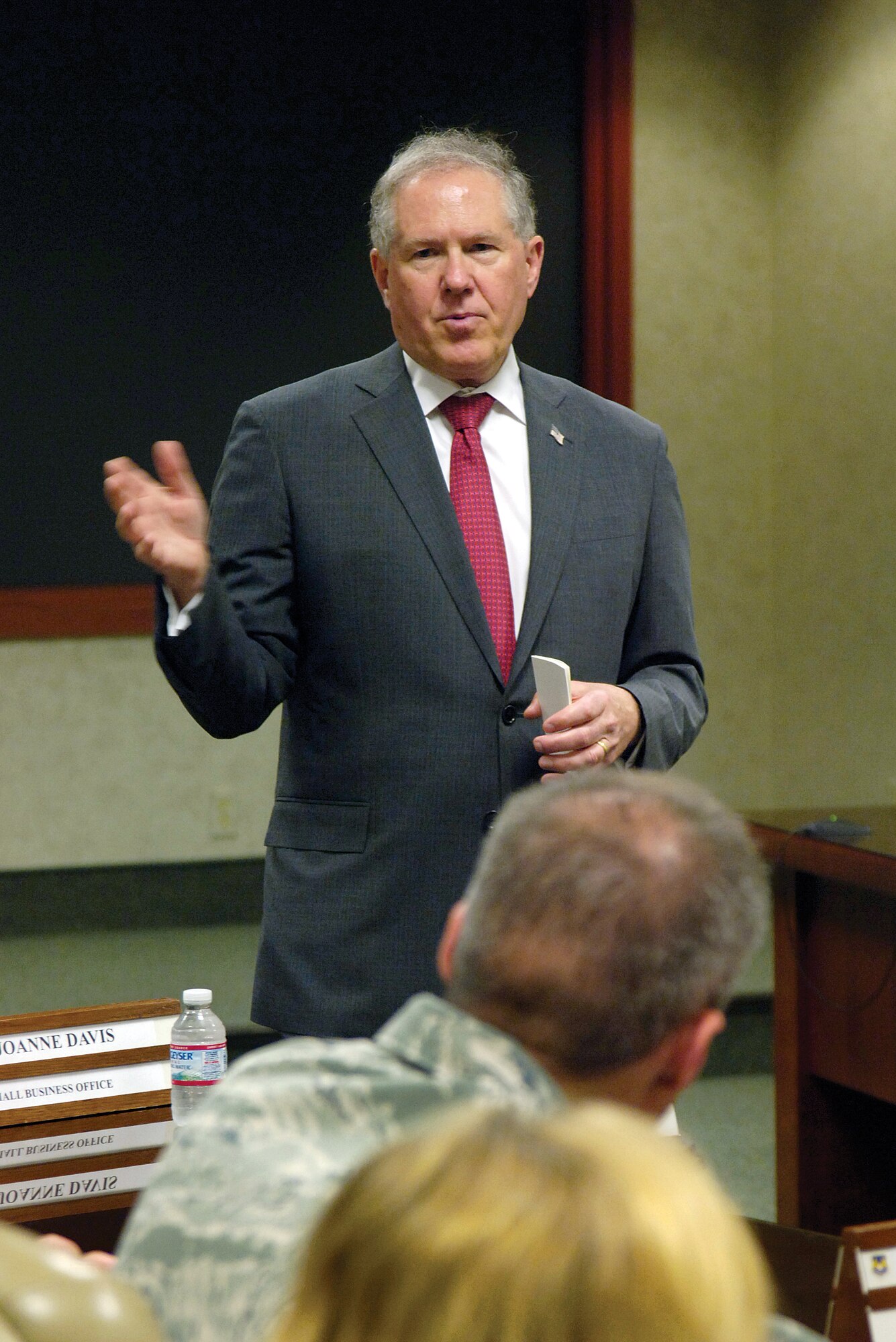 Mr. Kendall also held a town hall meeting for Oklahoma City Air Logistics Center leaders and staff members. He took many questions about the current aspects and future of depot maintenance.  Earlier in the day, Mr. Kendall was the featured speaker for the annual Oklahoma Aerospace and Defense Summit held in Norman.(Air Force photo by Margo Wright)
