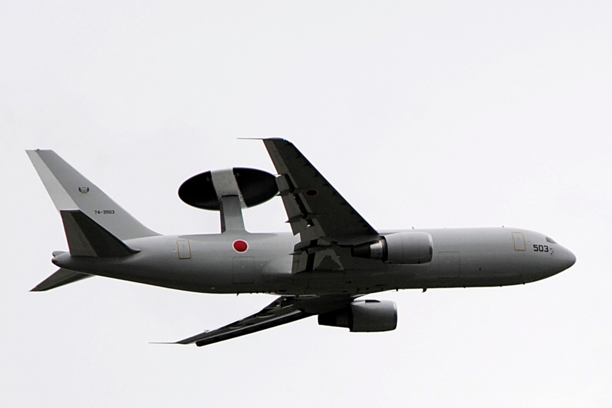 A Japanese airborne early warning and control system E-767 flies over Joint Base Elmendorf-Richardson June 13 during Red Flag - Alaska. The E-767 can fly at about 832 kilometers an hour and has a range of 9,000 kilometers with a crew of 20 members. Red-Flag Alaska is designed to strengthen bilateral ties between nations and offers the JASDF the opportunity to improve aerial tactics. (U.S. Air Force photo/Staff Sgt. Zachary Wolf)