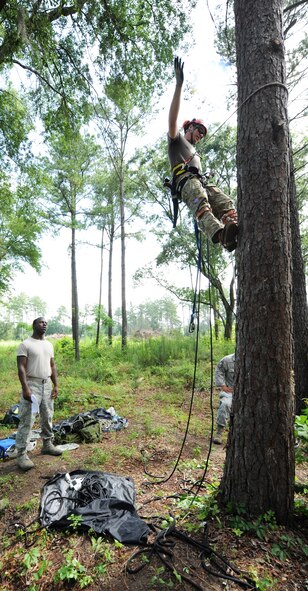 U.S. Air Force Tech. Sgt. Daniel Daubert, 347th Operations Support Squadron survival, evasion, resistance and escape specialist, demonstrates proper climbing position during a tree rescue course June 11, 2012, at Moody Air Force Base, Ga. By securing himself to the tree with a safety line and spurs, Daubert is able to use his hands to assist a stranded parachutist in the tree. (U.S. Air Force photo by Master Sgt. Sonny Cohrs/Released) 
