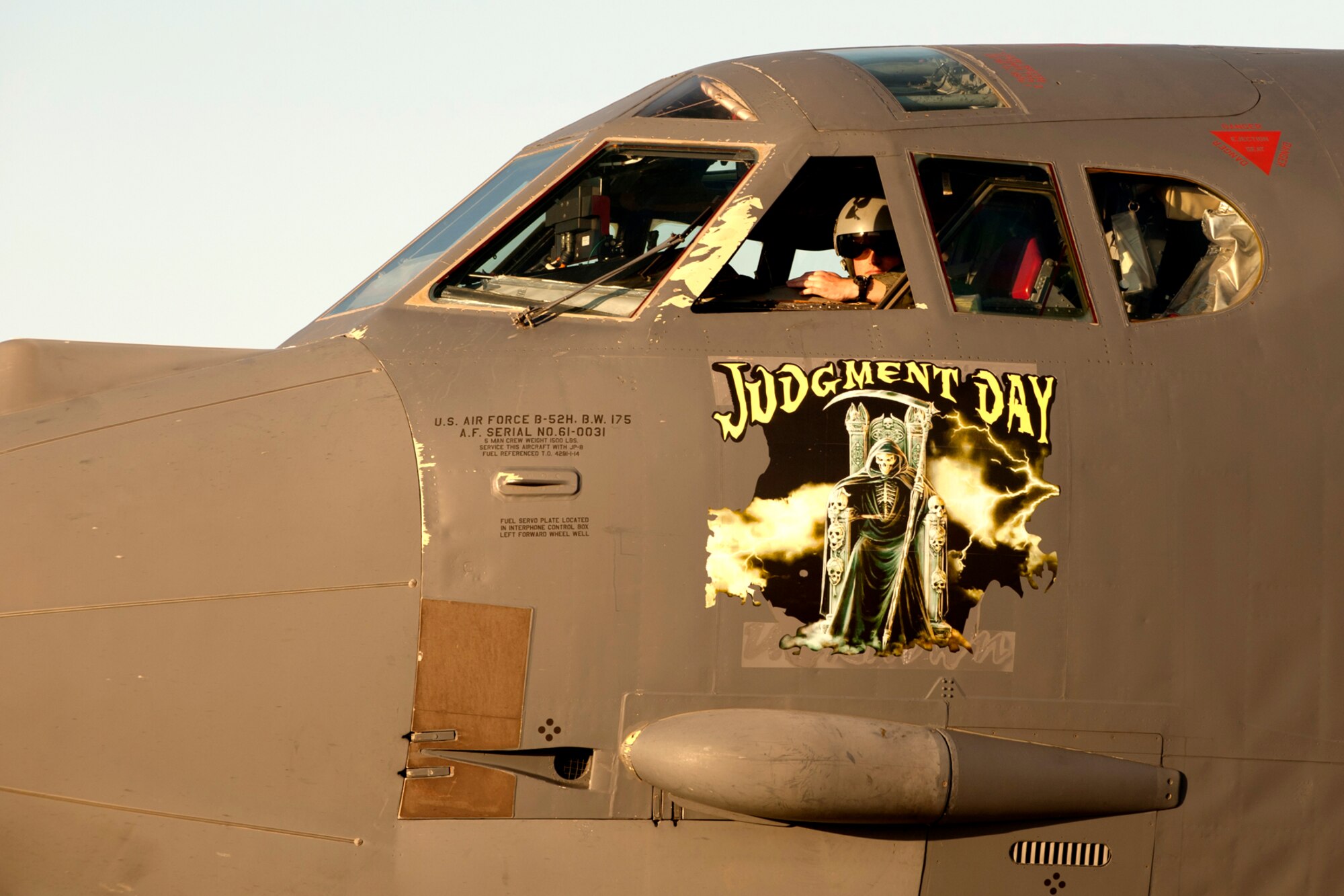 A pilot of a B-52H Stratofortress prepares to taxi for takeoff in support of a Mission Employment exercise, Nellis Air Force Base, Nev., June 12, 2012. The B-52s are a part of a “Blue Force” assigned to destroy enemy targets while evading the enemy “Red Forces” which are trying to hunt them down. (U.S. Air Force photo by Master Sgt. Greg Steele/Released)