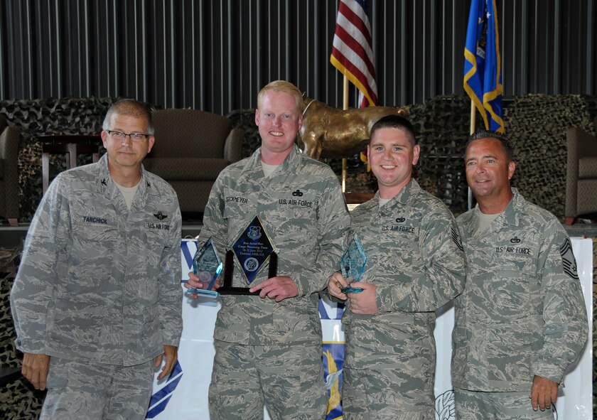 Master Sgt. Robert Steckmeyer and Tech. Sgt. Todd Losch Jr., 32nd Aerial Port Squadron air transportation specialists, receive the first place trophy for the cargo processing event during the closing ceremony of the Port Dawg Challenge competition at Dobbins Air Reserve Base, Ga., June 21, 2012. In order to win the event, Steckmeyer and Losch had to ensure three pieces of cargo were airlift ready and build a pallet of the cargo within the Global Automated Transportation Execution System (GATES) constrained by a 15-minute deadline. (U.S. Air Force photo by Senior Airman Joshua J. Seybert/Released)