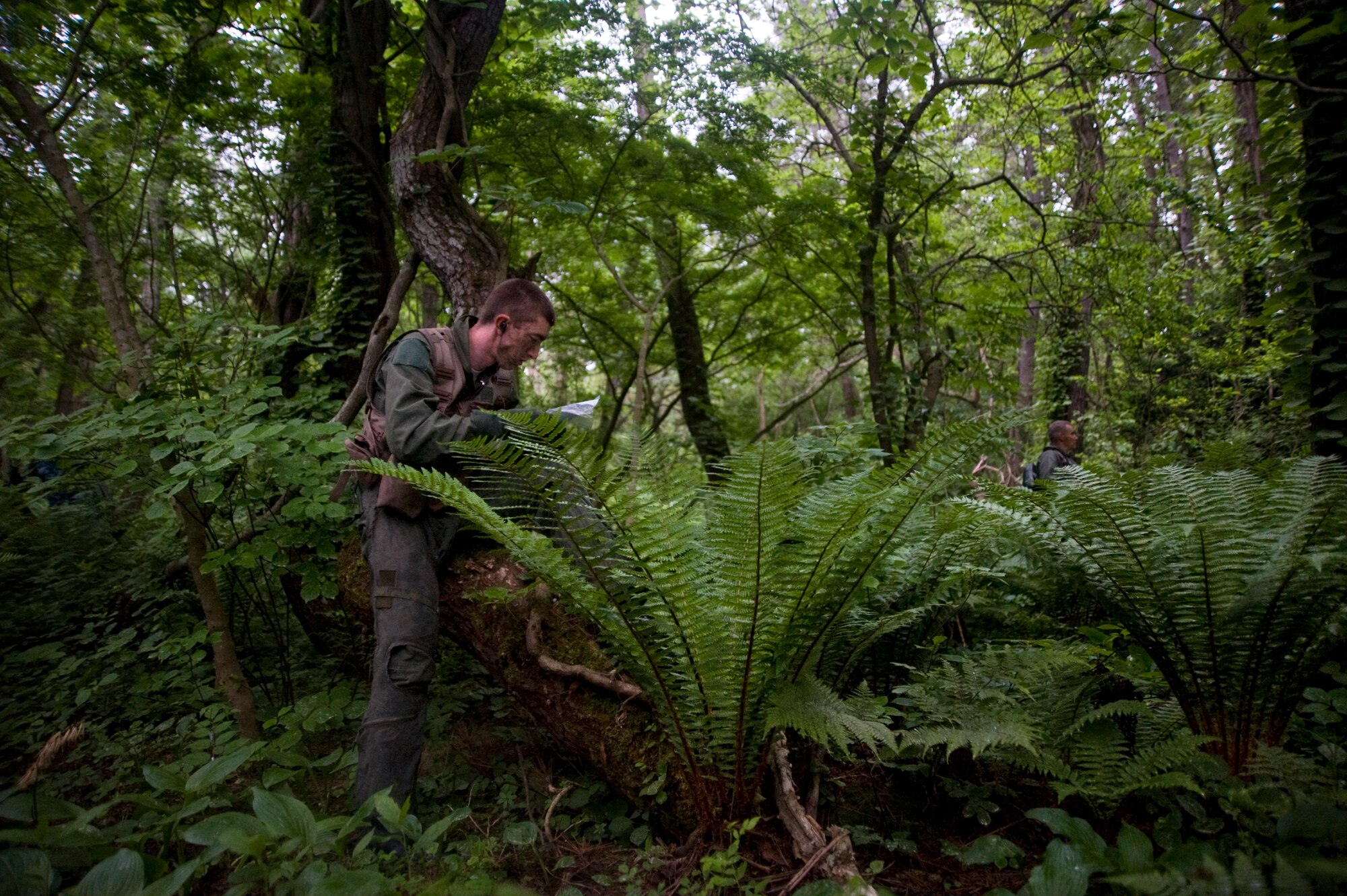 U.S. Air Force Senior Airman Michael Dixon, 35th Operations Support Squadron survival, evasion, resistance and escape specialist, checks his map as Chief Master Sgt. James Laurent, 35th Fighter Wing command chief, navigates to his next waypoint during SERE training at Draughon Range, Japan, June 20, 2012. Navigaiton is a critical part of the training as it can be the diffence between being recovered or being lost. (U.S. Air Force photo by Staff Sgt. Nathan Lipscomb/Released) 