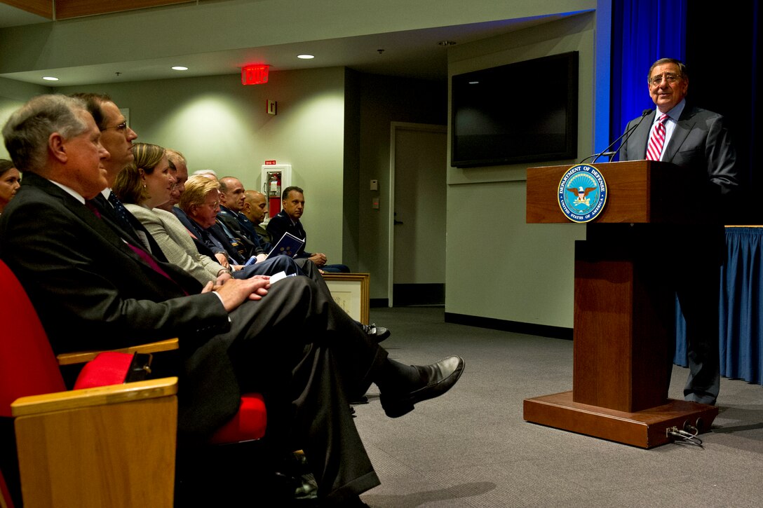 Defense Secretary Leon E. Panetta welcomes three new undersecretaries of defense recently confirmed by the Senate in a ceremony at the Pentagon, June 22, 2012. They are: Frank Kendall, far left, undersecretary of defense for acquisition, technology and logistics; James N. Miller, second from left, undersecretary of defense for policy; and Erin C. Conaton, undersecretary of defense for personnel and readiness.