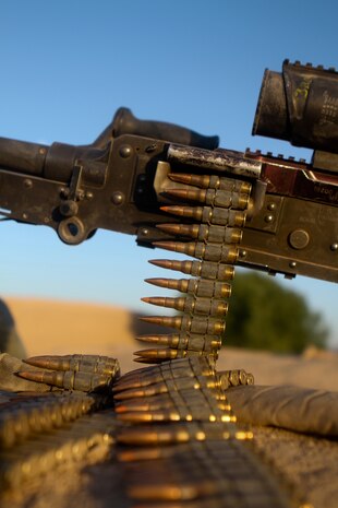 Rounds of a M240 machine gun are spread out over a compound roof, June 2, 2012. Lance Cpl. Christopher Yudin, a machinegunner with 2nd Battalion, 5th Marines, Regimental Combat Team 6, carries a M240 machinegun for his squad while he is deployed to Afghanistan.