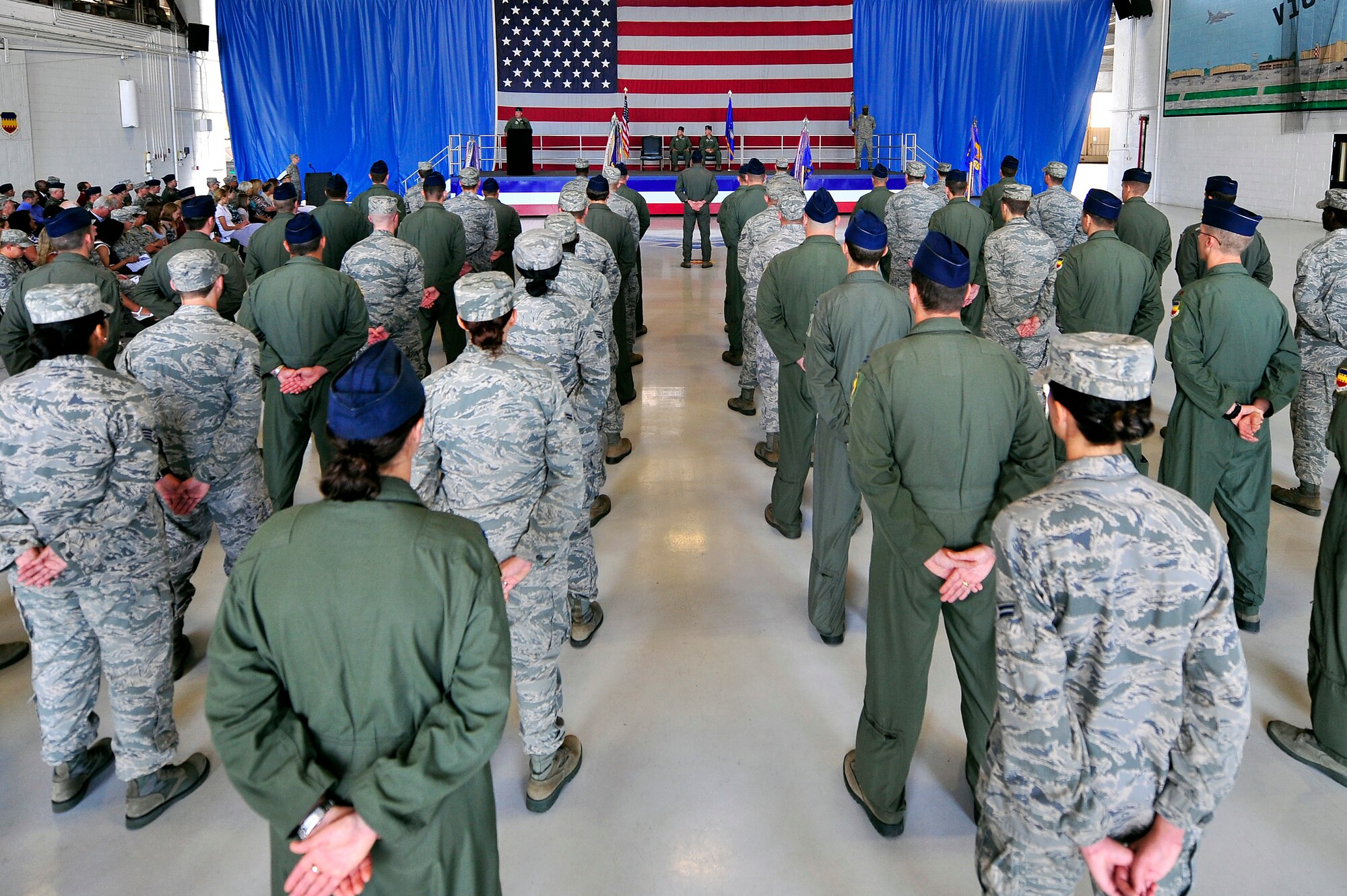 U.S. Air Force Airmen representing the groups under the 20th Fighter Wing stand in formation during the 20th Operations Group change of command ceremony, June 22, 2012, Shaw Air Force Base, S.C. Col. James Sears, outgoing 20th OG commander, will be taking a new assignment at Columbus Air Force Base, Miss. while Col. Shaun McGrath has taken over as the new 20th OG commander. (U.S. Air Force photo by Senior Airman Kenny Holston/Released) 