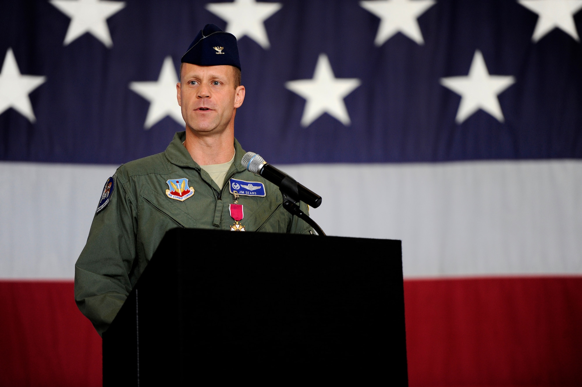 U.S. Air Force Col. James Sears, outgoing 20th Operations Group commander, says a few words during the 20th OG change of command ceremony, June 22, 2012, Shaw Air Force Base, S.C. Sears will be taking a new assignment at Columbus Air Force Base, Miss. while Col. Shaun McGrath has taken over as the new 20th OG commander. (U.S. Air Force photo by Senior Airman Kenny Holston/Released) 