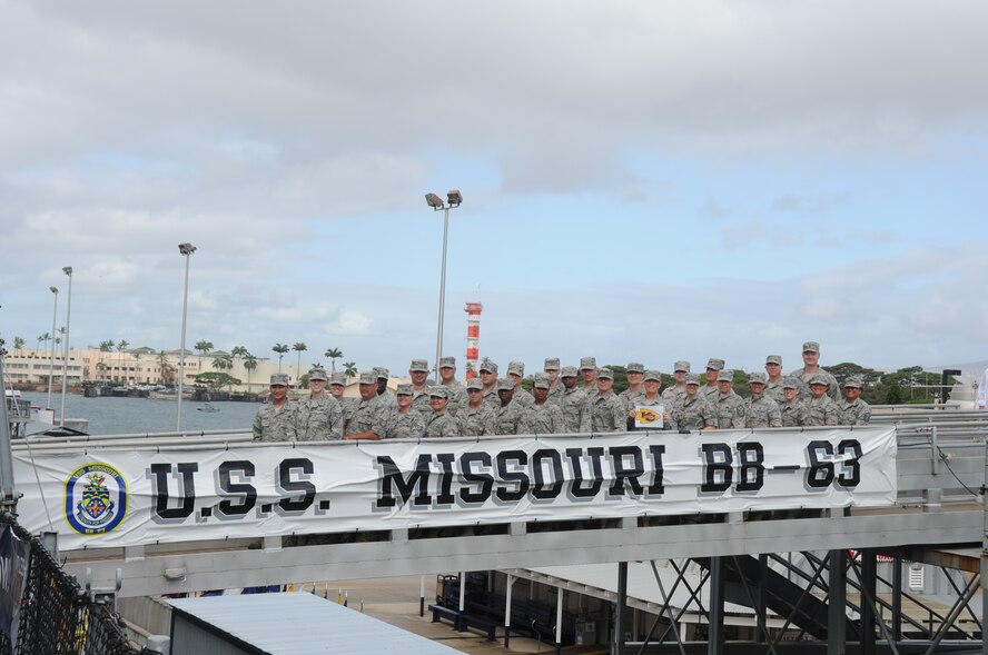 JOINT BASE PEARL HARBOR HICKAM-- Members of the 442nd Fighter Wing visit the USS Missouri during a two-week training deployment, June 25. The 442nd Fighter Wing is a A-10 Thunderbolt II Air Force Reserve Unit at Whiteman AFB, Mo. (U.S. Air Force photo/Staff Sgt. Lauren Padden)