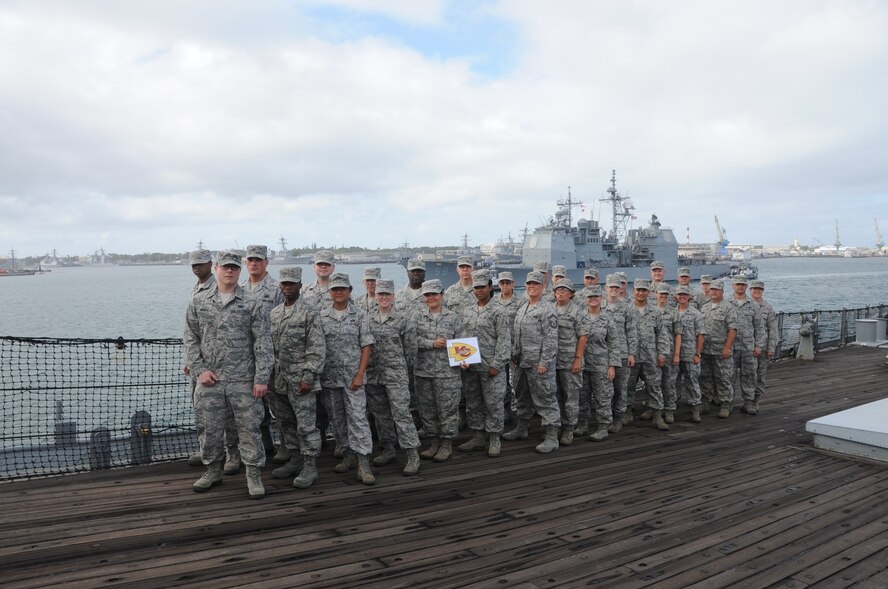 JOINT BASE PEARL HARBOR HICKAM-- Members of the 442nd Fighter Wing visit the USS Missouri during a two-week training deployment, June 25. The 442nd Fighter Wing is a A-10 Thunderbolt II Air Force Reserve Unit at Whiteman AFB, Mo. (U.S. Air Force photo/Staff Sgt. Lauren Padden)
