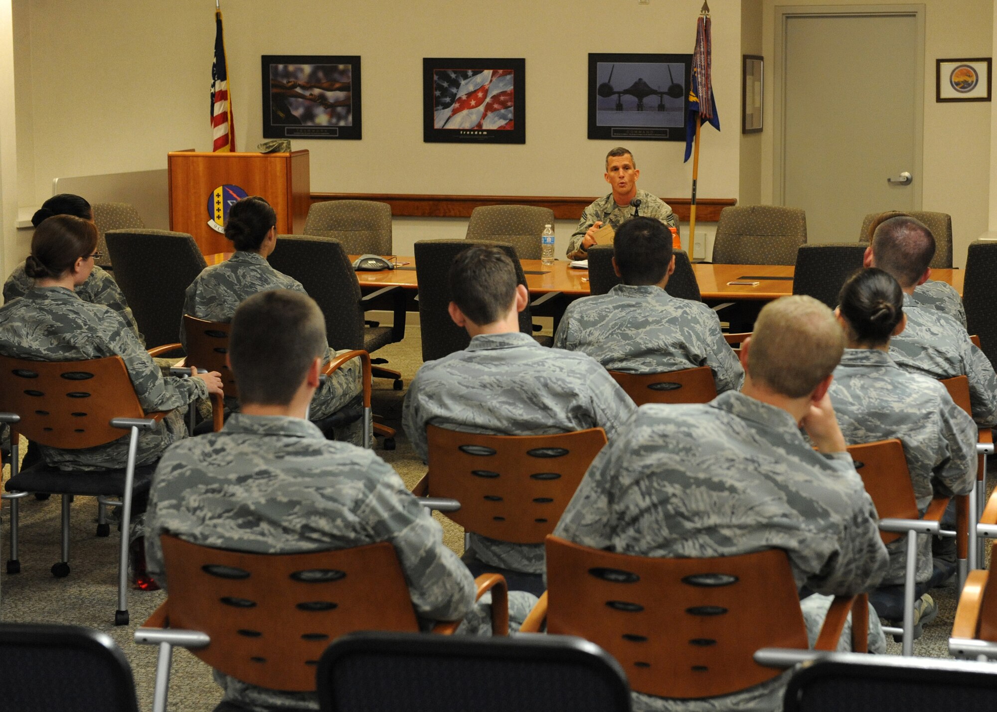 Chief Masters Sgt. Richard Parsons, command chief of Air Combat Command, meets with company grade officers at the 9th Communications Squadron conference room Beale Air Force Base, Calif. June 21, 2012.  Parsons met with Airmen in several forums during a three day visit to Beale in order to convey the ACC commander's vision and Airmen's concerns across the chain of command.  (U.S. Air Force photo by Mr. John Schwab)