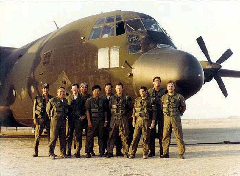 Members of the 8th Special Operations Squadron stand for a group photo in front of an MC-130E Combat Talon I prior to setting out for Operation Eagle Claw on April 24, 1980. U.S. Air Force Maj. Lyn McIntosh (fourth from right), from Moody Air Force Base, Ga., was one of eight people lost on that mission. (Courtesy photo)