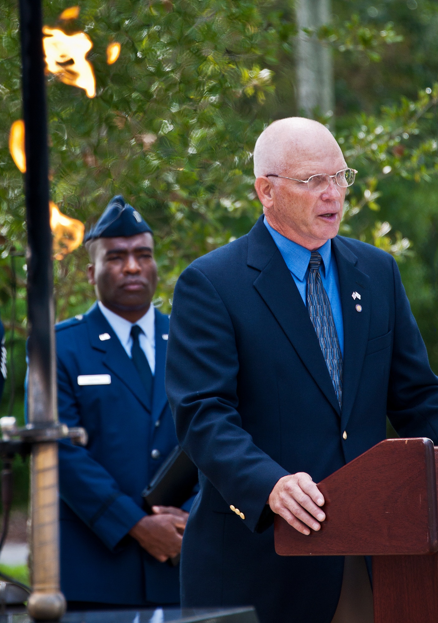 Troy Lowe, a retired command chief of the 33rd Fighter Wing, was the guest speaker at the Khobar Towers Memorial ceremony June 25 at Eglin Air Force Base, Fla.    Lowe was the command chief of the wing when the bombing took place in 1996 participated in the creation of the memorial to pay tribute to their fallen Nomads.  The ceremony marked the 16th anniversary of the tragedy that killed 19 military members and 12 33rd FW Nomads.  (U.S. Air Force photo/Samuel King Jr.)