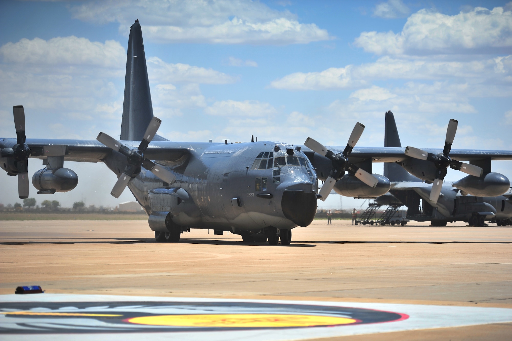 An MC-130E Combat Talon I taxies onto the flightline during an aircraft retirement ceremony at Cannon Air Force Base, N.M., June 22, 2012. This particular Talon I was the lead aircraft that performed a Prisoner of War extraction in North Vietnam called the Son Tay Raid in 1970. (U.S. Air Force photo by Airman 1st Class Alexxis Pons Abascal)  
