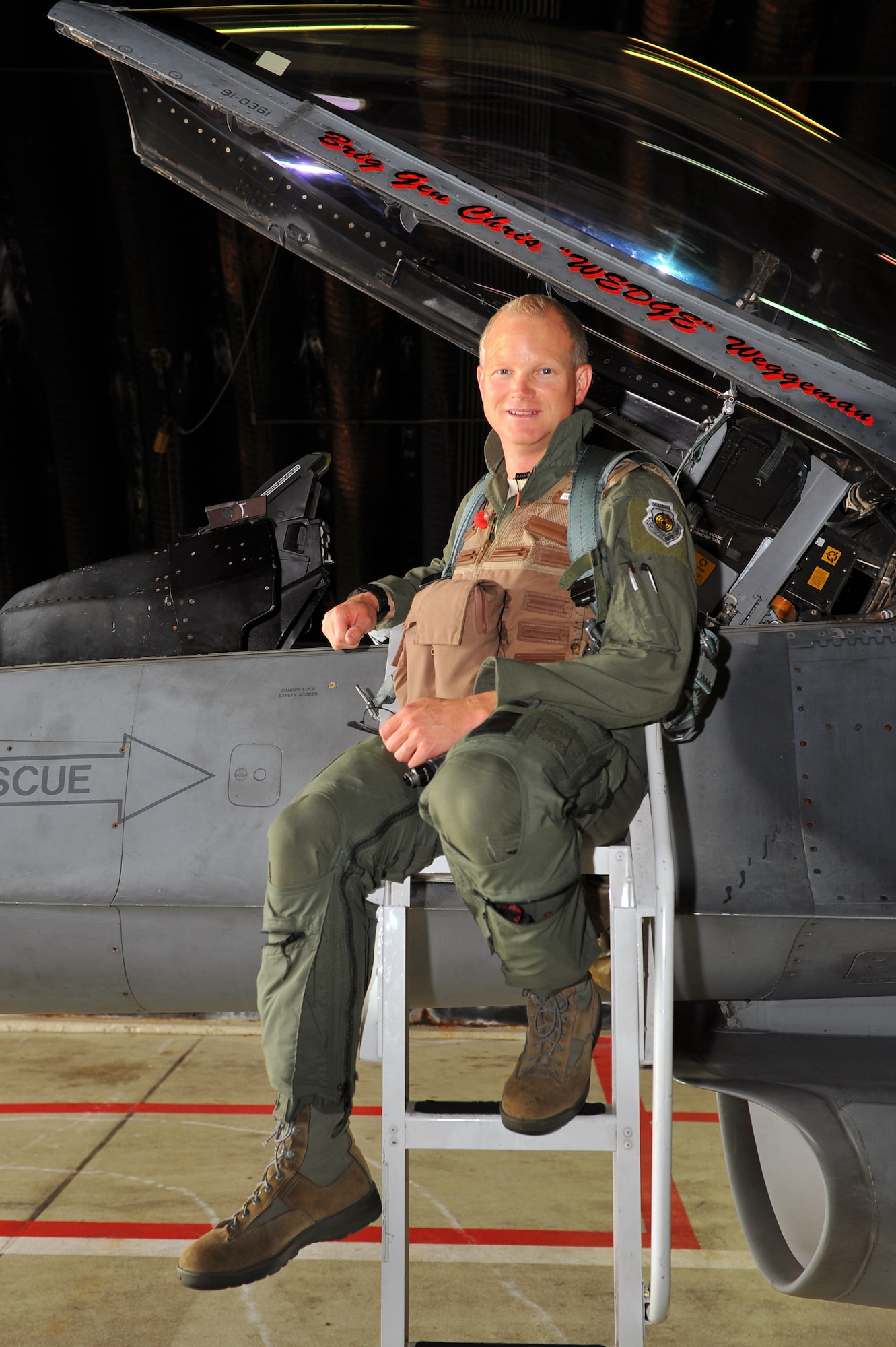 SPANGDAHLEM AIR BASE, Germany – Brig. Gen. Chris Weggeman, 52nd Fighter Wing commander, boards an F-16 Fighting Falcon before his final flight here June 21. Weggeman commanded the 52nd FW for two years. (U.S. Air Force photo by Airman 1st Class Dillon Davis/Released)