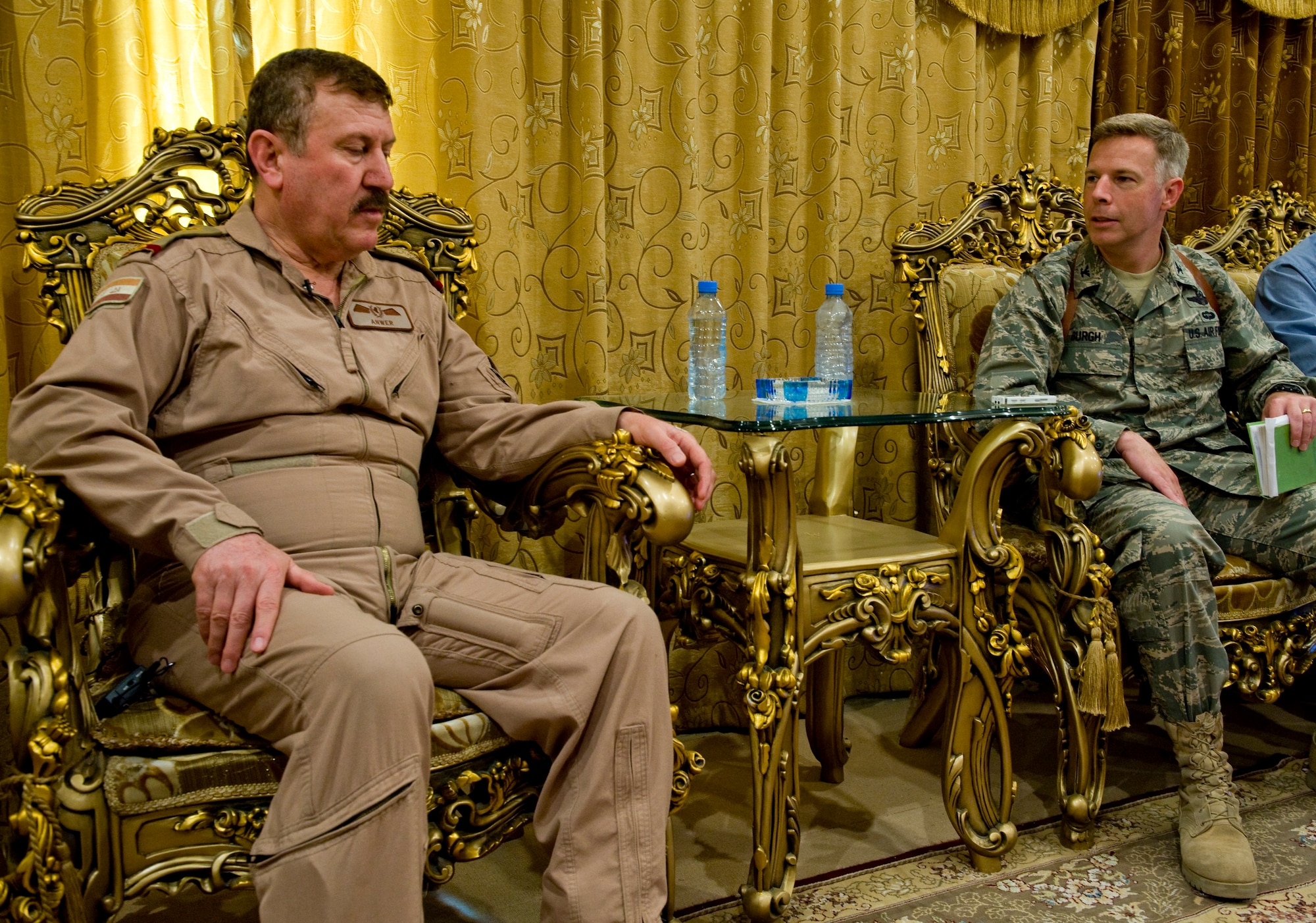 U.S. Air Force Col. Steven Burgh with the Office of Security Cooperation - Iraq meets with the Iraqi Air Force commander, General Anwar, to discuss current progress of the Iraqi Air Force, June 3, 2012 in Baghdad, Iraq. OSC - I in conjunction with the U.S. Embassy - Baghdad, the government of Iraq and international partners, conducts security cooperation in order to support Iraq's continued development into a sovereign stable and long-term self reliant strategic partner that contributes to peace and security in the region. (U.S. Air Force photo by Staff Sgt. Greg C. Biondo)