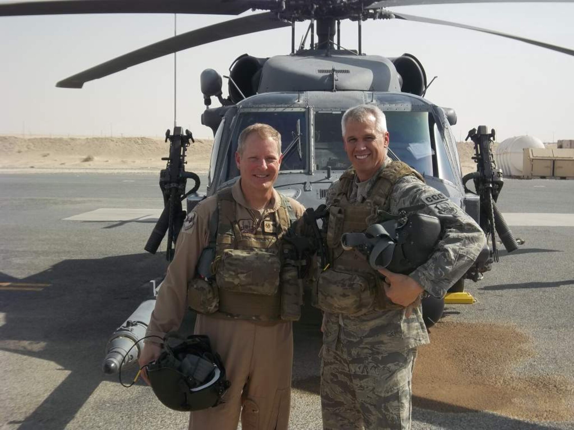 386th Air Expeditionary Wing commander and command chief, Col. Michael Zick and Chief Master Sgt. Kenui Balutski, after a recent mission.
