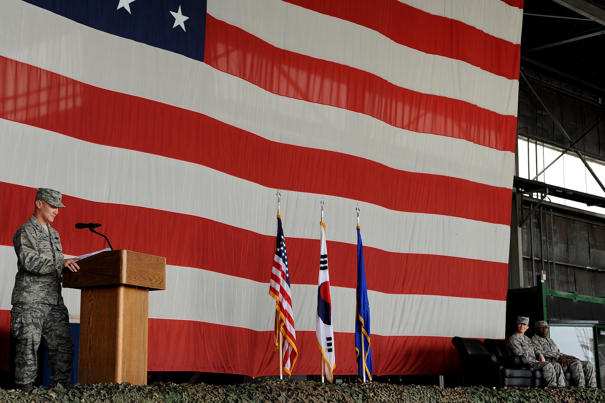 Col. John Pearse, 8th Fighter Wing commander, speaks to members of the Wolf Pack during the 8th Mission Support Group change of command ceremony at Kunsan Air Base, Republic of Korea, June 22, 2012.  Atkins was last assigned to the Pentagon in Washington, D.C. (U.S. Air Force photo/Staff Sgt. Rasheen A. Douglas)