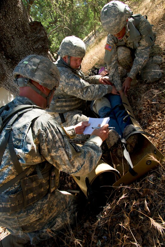 Soldiers assigned to combat support hospital units stage a mass casualty scenario at Forward Operating Base Warthog to allow Army Reserve medical personnel to practice real-world combat life support techniques during Exercise Global Medic on Fort Hunter Liggett, Calif., June 19, 2012.
