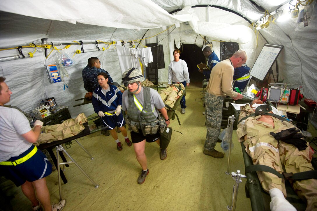 Army, Air Force and Navy medics triage simulated mass casualty patients at a field hospital located on Forward Operating Base 8-Juliet during Exercise Global Medic and Warrior Exercise on Fort Hunter Liggett, Calif., June 23, 2012.