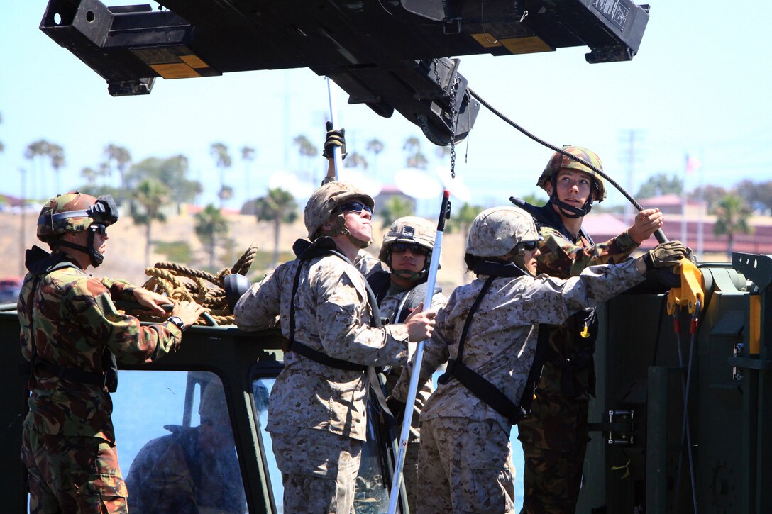 Marine combat engineers with Bridge Company, 7th Engineer Support Battalion, 1st Marine Logistics Group, work with New Zealand soldiers from the Corps of Royal New Zealand Engineers to conduct improved ribbon bridge training at Camp Pendleton, Calif., June 25. The training is part of a month-long training exercise, called Galvanic Kiwi, which afforded a military-to-military exchange.  While New Zealand soldiers train with Marines at Camp Pendleton and 29 Palms, Marines with 11th Marine Regiment, 1st Marine Division, deployed to New Zealand to conduct joint training operations.
Galvanic Kiwi is a U.S. Marine Corps and New Zealand Army training exchange designed to enhance interoperability and foster military-to-military relations between the U.S. and New Zealand.