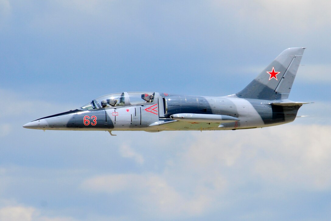 L-39 Albatross of the Hoppers Jet Demonstration Team makes a high speed pass at the Volk Field Open House, June 2, 2012.  Photo by Joe Oliva, Jetpix.com