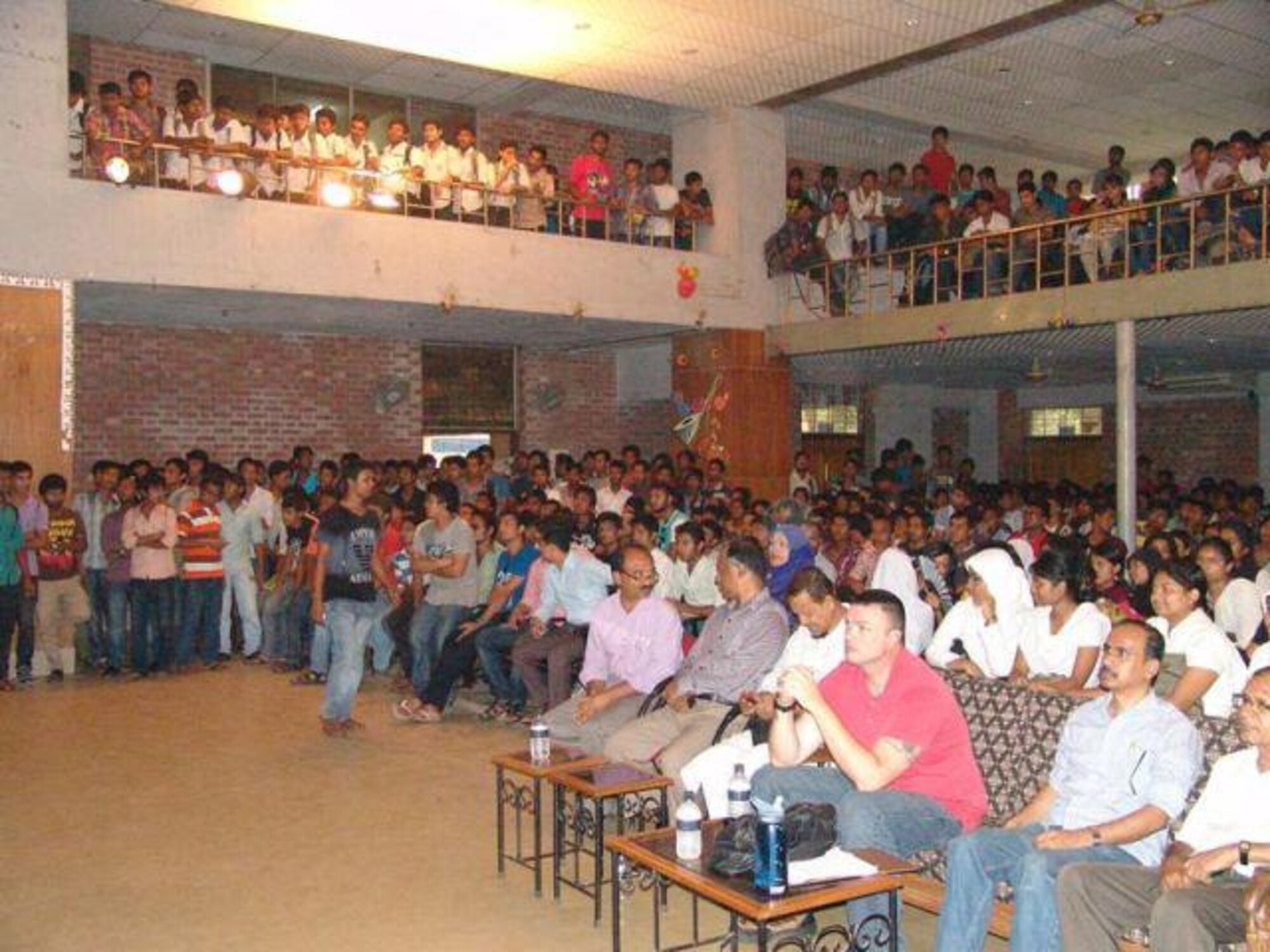 A standing room only crowd gathers and awaits a performance by "Final Approach", an ensemble from the USAF Band of the Pacific-Asia.  The group performed a variety of selections, ranging from classic and contemporary jazz, to Brazilian music, to Stevie Wonder and the Beatles to connect with the audience.