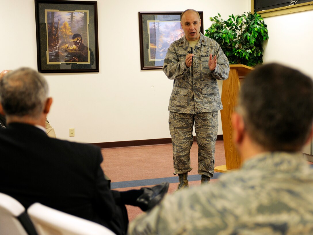 Chap. (Maj.) Mark Roberts, a 28th Bomb Wing chaplain, explains Ellsworth's chaplain corps policies to local clergy members during Clergy Day June 21, 2012, at the Freedom Chapel annex on Ellsworth Air Force Base, S.D. The chaplain corps is committed to maintaining the spiritual health and wellness of Ellsworth Airmen and their families. (U.S. Air Force photo by Airman Ashley J. Cass/Released)