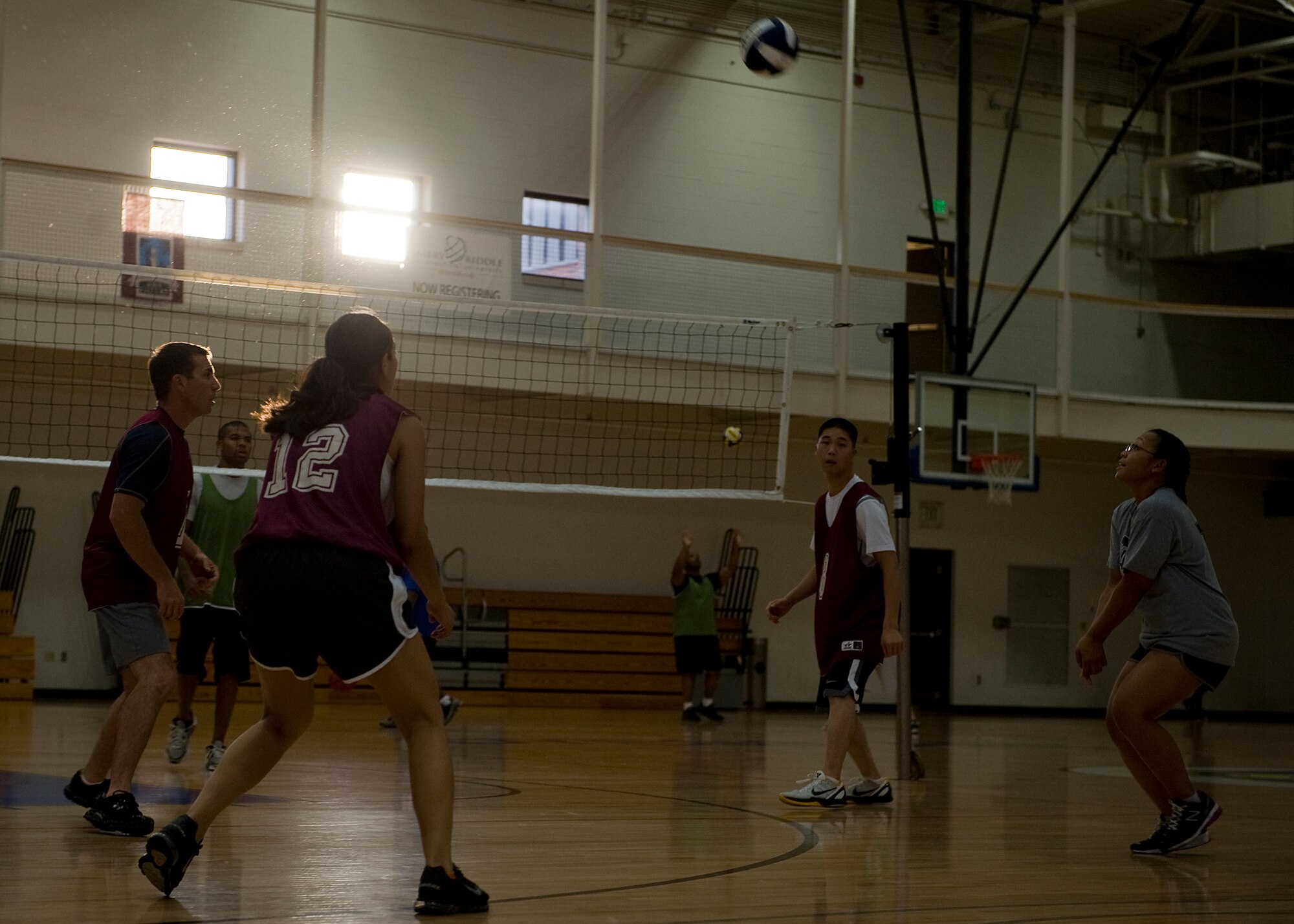 Shella Duquee, 7th Logistics Readiness Squadron, sets up to hit the volleyball June 19, 2012, during a squadron game at Dyess Air Force Base, Texas. Squadrons throughout Dyess formed teams to participate in the 2012 base volleyball tournament. Regular season games will be played up to July. Afterward, the base volleyball tournament will begin. The tournament will not only determine which squadron is the best, but also give Dyess airmen an opportunity to build moral and promote physical fitness. (U.S. Air Force photo by Airman 1st Class Damon Kasberg/Released) 