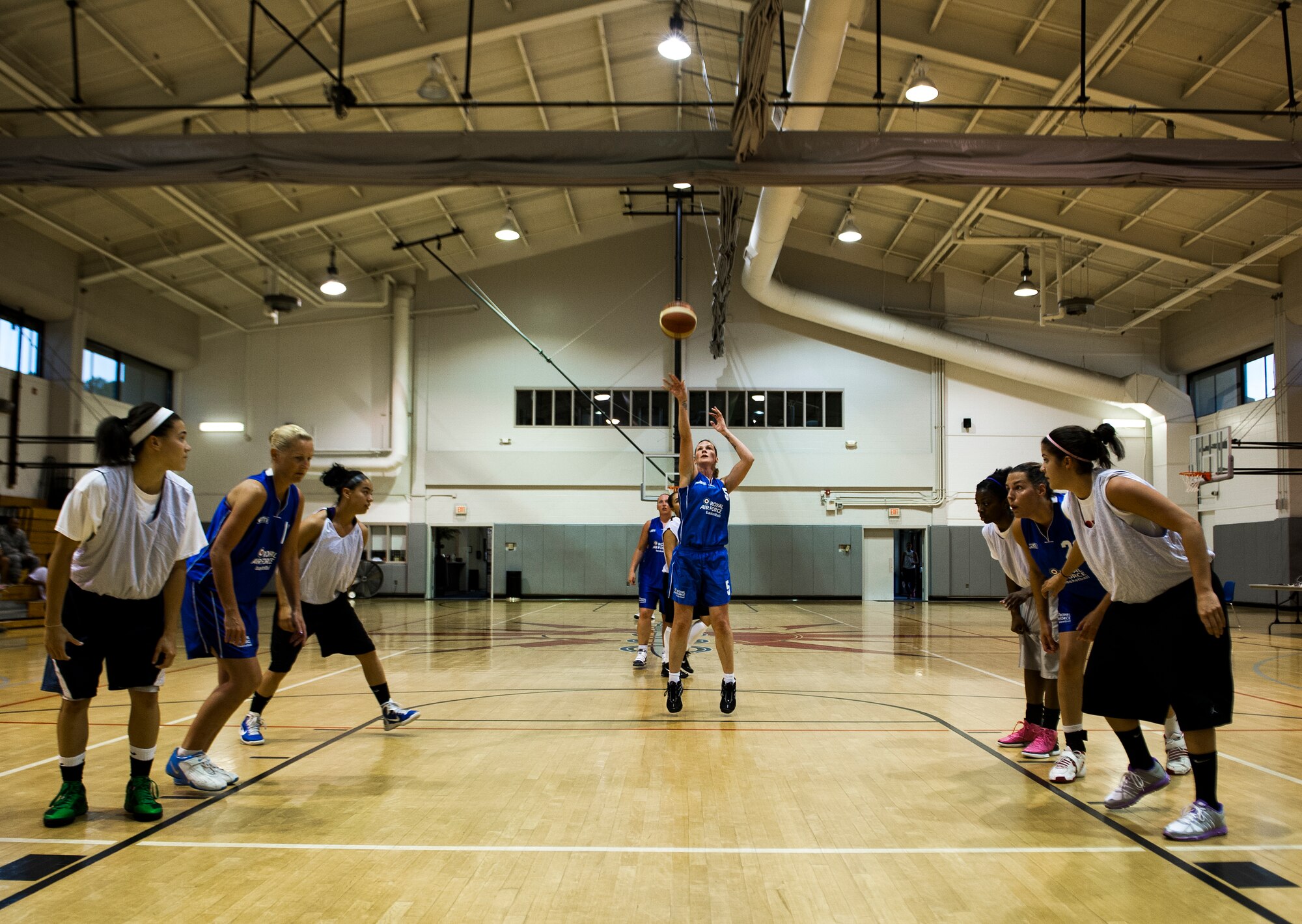 U.K. Royal Air Force Sgt. Janine Lushchan, a RAF team basketball player, shoots a free throw during a basketball scrimmage at the Aderholt Gym on Hurlburt Field, Fla., June 19, 2012. Lushchan is the team captain of the women's RAF basketball team. (U.S. Air Force photo by Airman 1st Class Christopher Williams) (RELEASED)