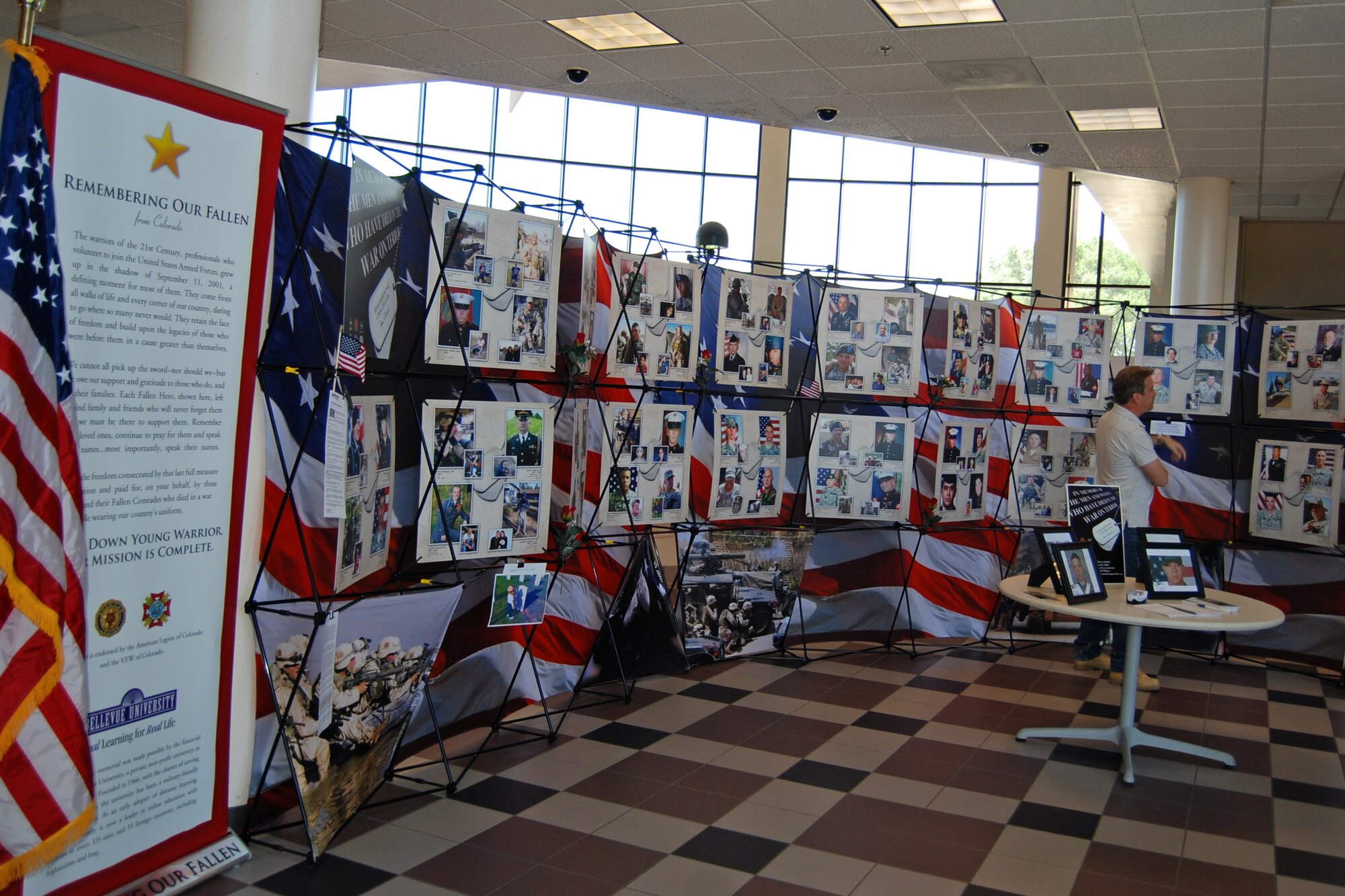 The special exhibit “Remembering Our Fallen” honoring fallen military members is on display in the Building 350 atrium through July 5. (U.S. Air Force photo/Lea Johnson)