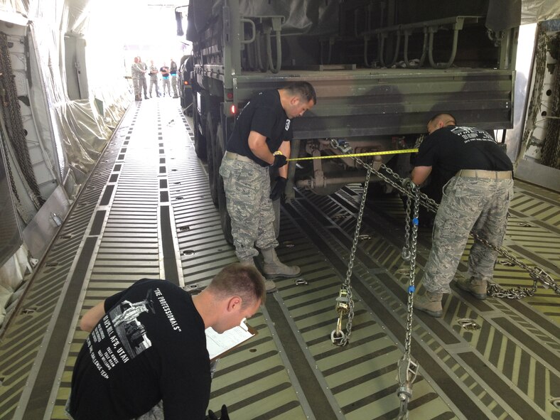 Tech. Sgt. Daniel Ryan, Tech. Sgt. Cody De Los Reyes and Master Sgt. Brandon De Los Reyes check the restraints on the cargo to make sure it is properly secured. The 67th APS won 2nd place overall in the Air Force Reserve Command's Port Dawg Challenge. (Courtesy photo)