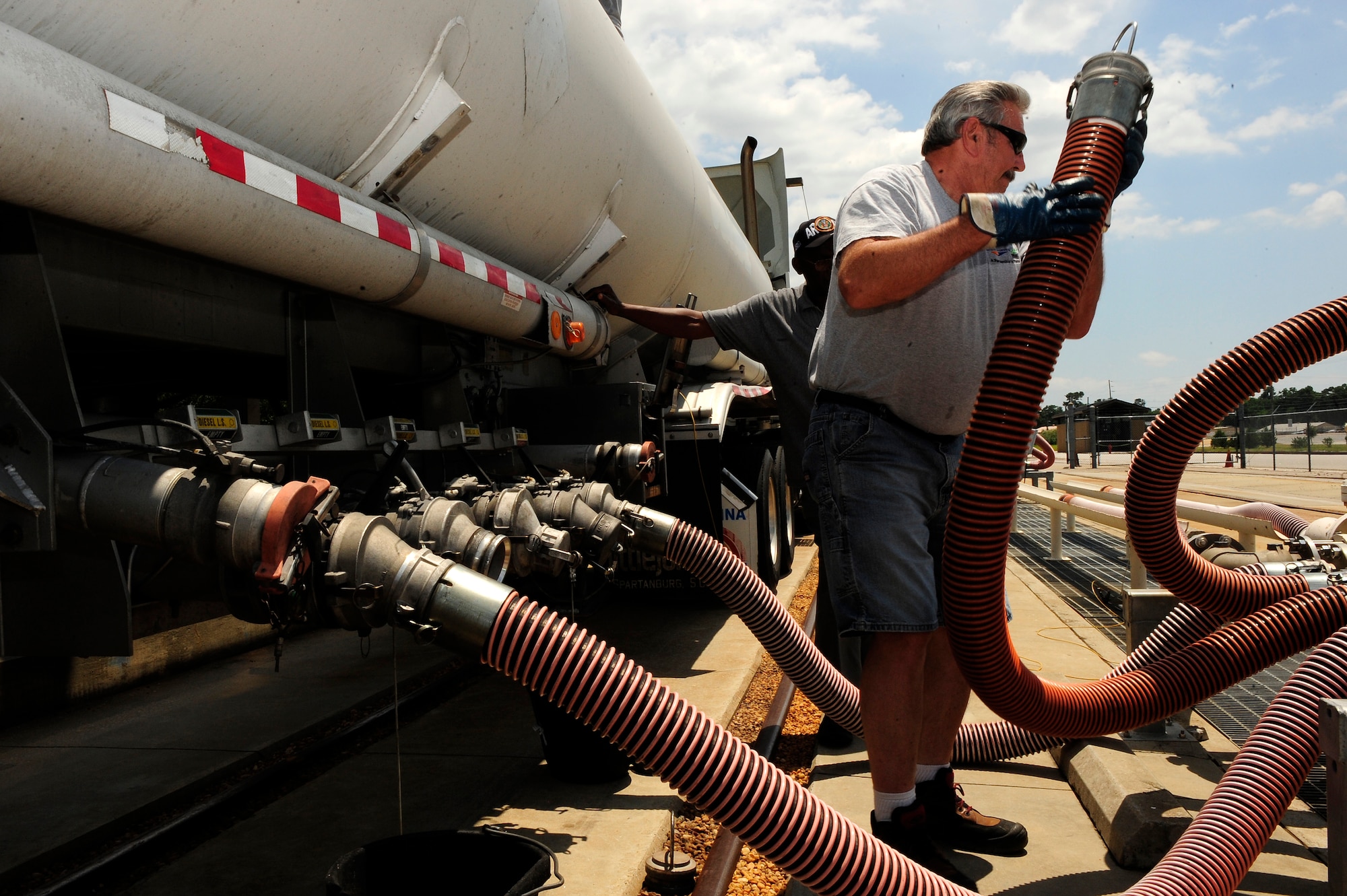 Thousands of gallons of fuel can be unloaded in minutes, supplying deep fuel reserves at Shaw Air Force Base, S.C., June 26, 2012. The ability to transport and receive fuel is essential for mission success. (U.S. Air Force photo by Airman 1st Class Daniel Blackwell/Released)