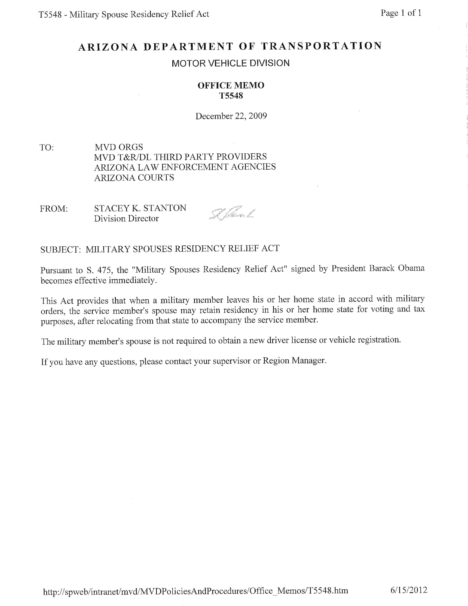 Military Spouse Residency Relief Act letter