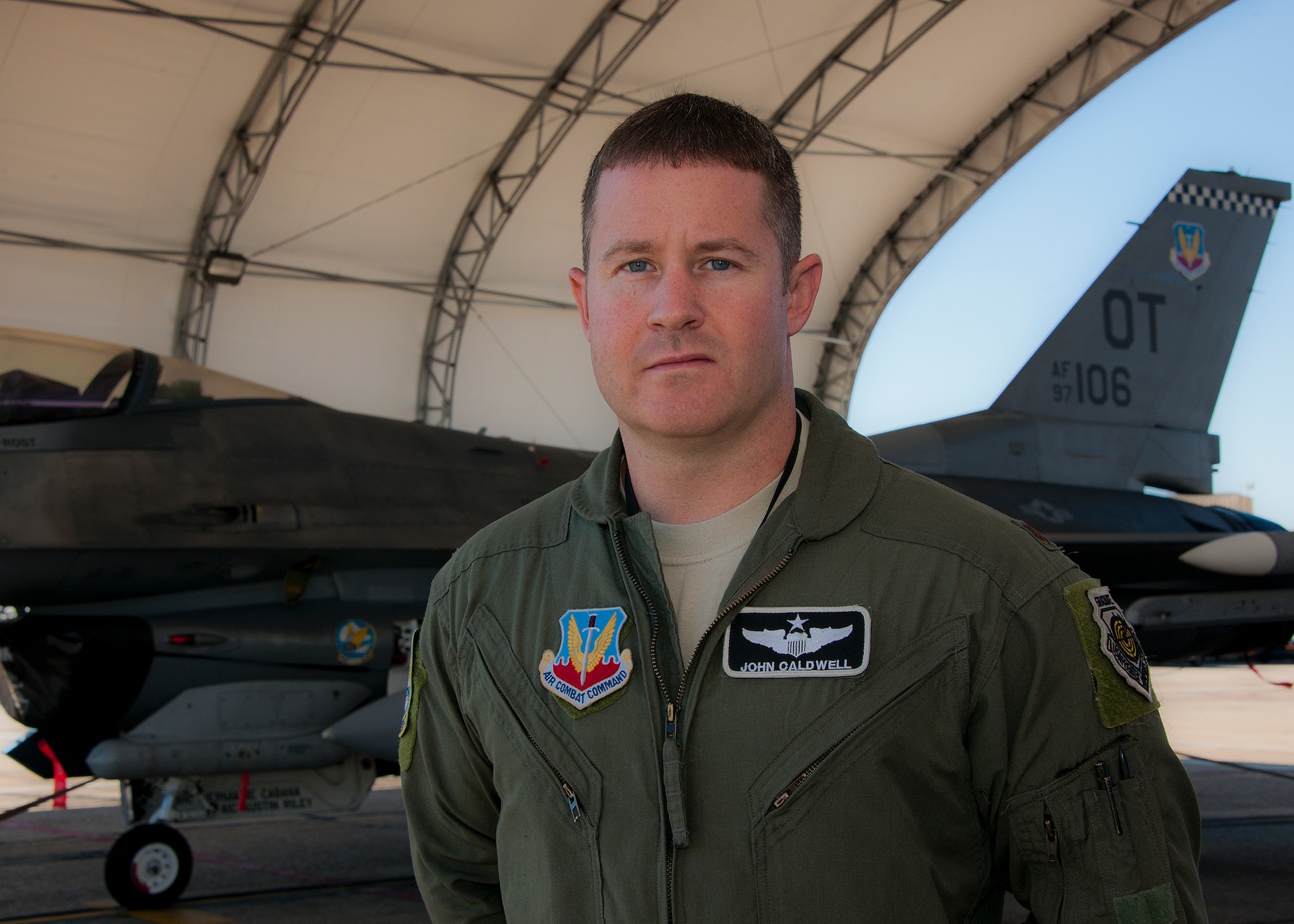 Maj. John Caldwell, of the 85th Test and Evaluation Squadron, was recently awarded the Distinguished Flying Cross for his combat aviation efforts in Afghanistan in 2011. Established by Congress on July 2, 1926, the Distinguished Flying Cross may be awarded to members of any branch of service and to members of the armed forces of friendly nations.  (U.S. Air Force photo/Samuel King Jr.) 