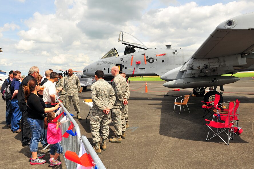 BITBURG, Germany – Visitors get a close-up view of an A-10 Thunderbolt II from the 81st Fighter Squadron during Aviation Expo Europe here June 23. The annual expo featured multiple aerial demonstrations and an aircraft sales and showcase floor. More than 5,000 exhibitors, vendors and visitors attended the three-day event. This year’s expo included its first showcase of an A-10 aircraft at the new location at the Bitburg Airport. (U.S. Air Force photo by Airman 1st Class Dillon Davis/Released)