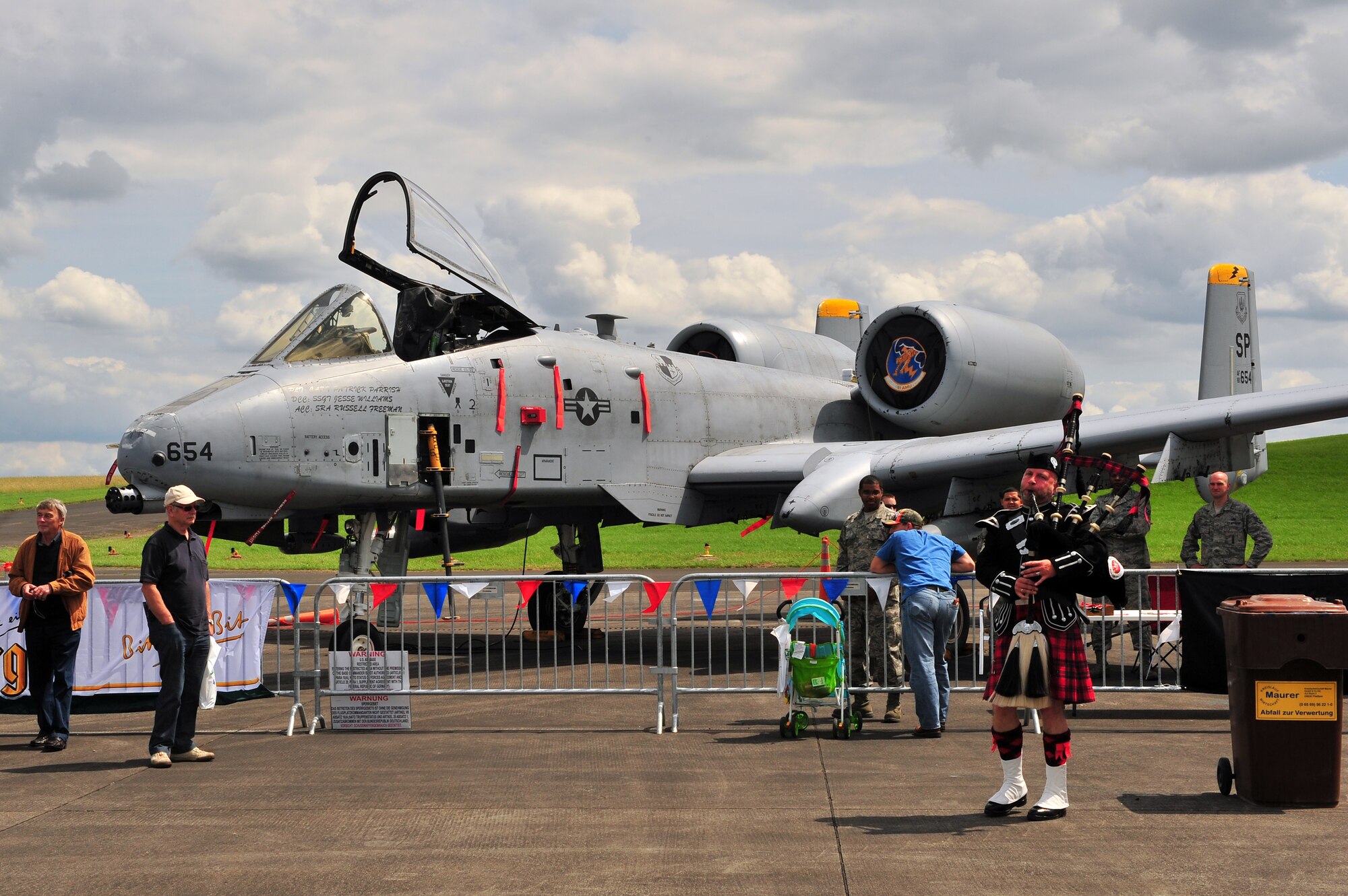 BITBURG, Germany – Visitors get a close-up view of an A-10 Thunderbolt II from the 81st Fighter Squadron during Aviation Expo Europe here June 23. The annual expo featured multiple aerial demonstrations and an aircraft sales and showcase floor. More than 5,000 exhibitors, vendors and visitors attended the three-day event. This year’s expo included its first showcase of an A-10 aircraft at the new location at the Bitburg Airport. (U.S. Air Force photo by Airman 1st Class Dillon Davis/Released)