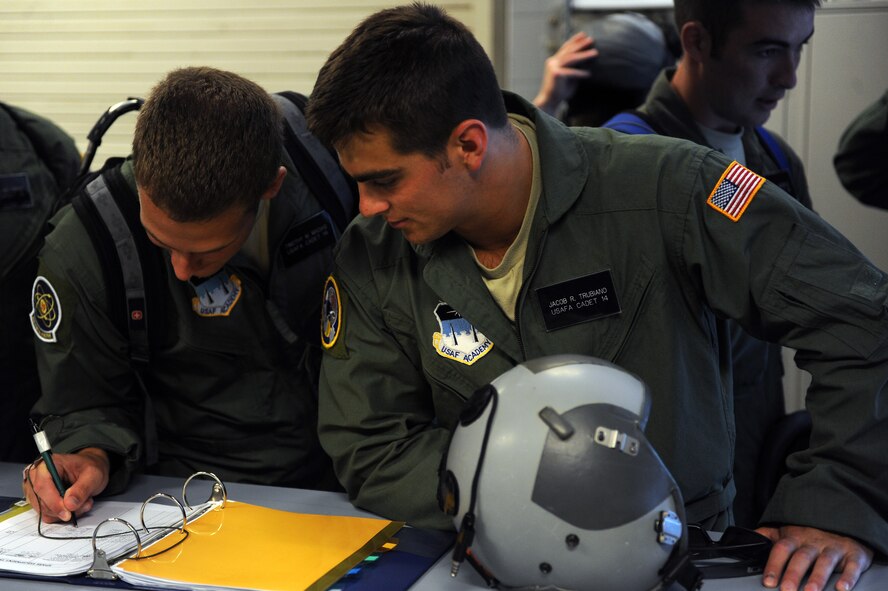 U.S. Air Force Academy cadets sign out equipment prior to an incentive flight at Moody Air Force Base, Ga., June 19, 2012. The students were here as part of Operation Air Force, a program that allows cadets to experience military life. (U.S. Air Force photo by Staff Sgt. Ciara Wymbs/Released)  
