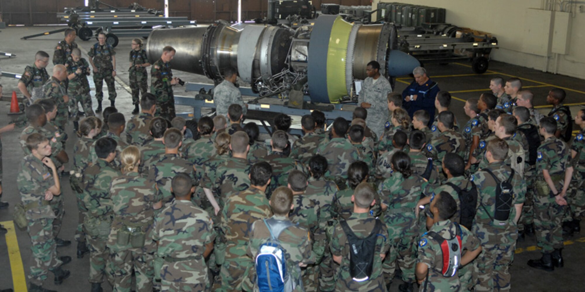 Civil Air Patrol cadets learn about a B52-H Stratofortress jet engine at Barksdale Air Force Base, La., June 20. The cadets learn principles and history of aviation and more at the 2012 summer encampment. (U.S. Air Force photo/Staff Sgt. Jason McCasland)(RELEASED)