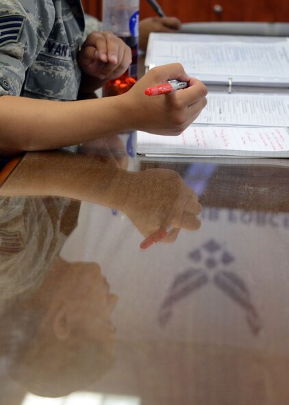 U.S. Air Force Staff Sgt. Desiree Van Buren, unit safety representative with Detachment 1, 786th Force Support Squadron takes notes after an inspection at Stuttguart Army Garrison, Patch Barracks, Germany, June 21, 2012. (National Guard photo by U.S. Air Force Staff Sgt. Benjamin Hughes)