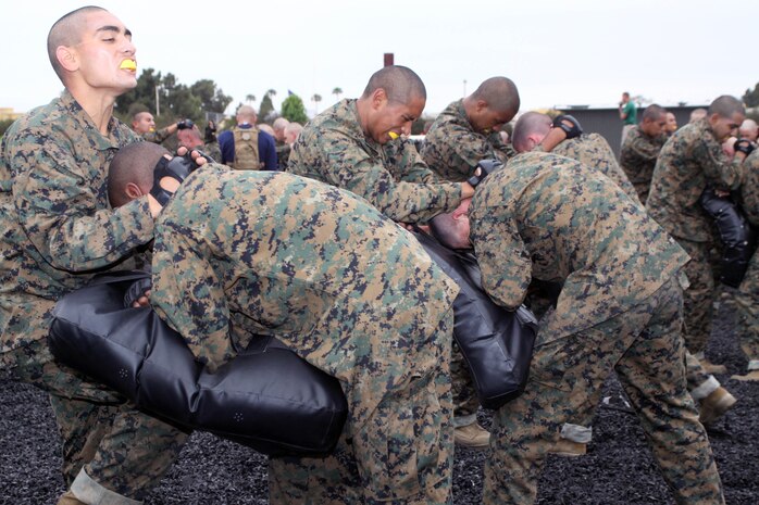 Company L recruits apply lower body strikes June 15 aboard Marine Corps Recruit Depot San Diego. These are basic Marine Corps Martial Arts Program tan belt moves that will help them in a hand-to-hand combat situation if they ever find themselves in one. Instructors ensure each recruit can apply these move properly to prevent injury and more.