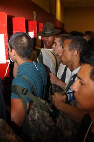 Newly arrived recruits call their loved ones once they arrive on the depot.This will be the only call they make until they leave the depot. Receiving drill instructors make sure the recruits recite only the script they are given. The script is basic information for their families and to let them know their recruit has arrived on the depot.