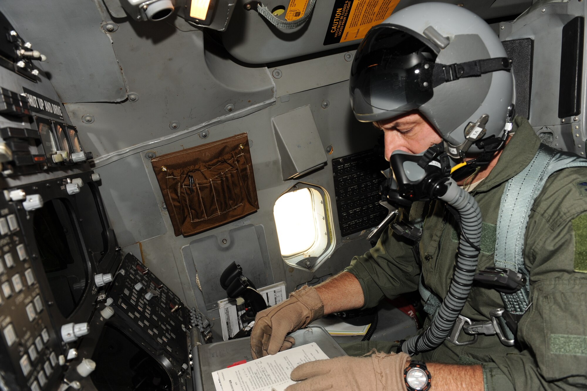 U.S. Air Force Col. David Béen, 7th Bomb Wing commander, conducts pre-flight checks on board a B-1 Bomber prior to his final flight June 26, 2012, at Dyess Air Force Base, Texas. Following a change of command ceremony July 3, Col. Béen will depart Dyess and will be assigned to the Pentagon in Washington, D.C. (U.S. Air Force photo by Airman 1st Class Peter Thompson / Released)